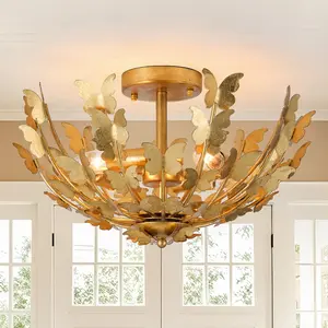 PARROT UNCLE 18 Inch Betsy 4-Light Semi-Flush Mount Ceiling Light Modern Gold Finish Iron Butterfly Motifs Hemispherical Shade for Bedroom Dining Room lighting
