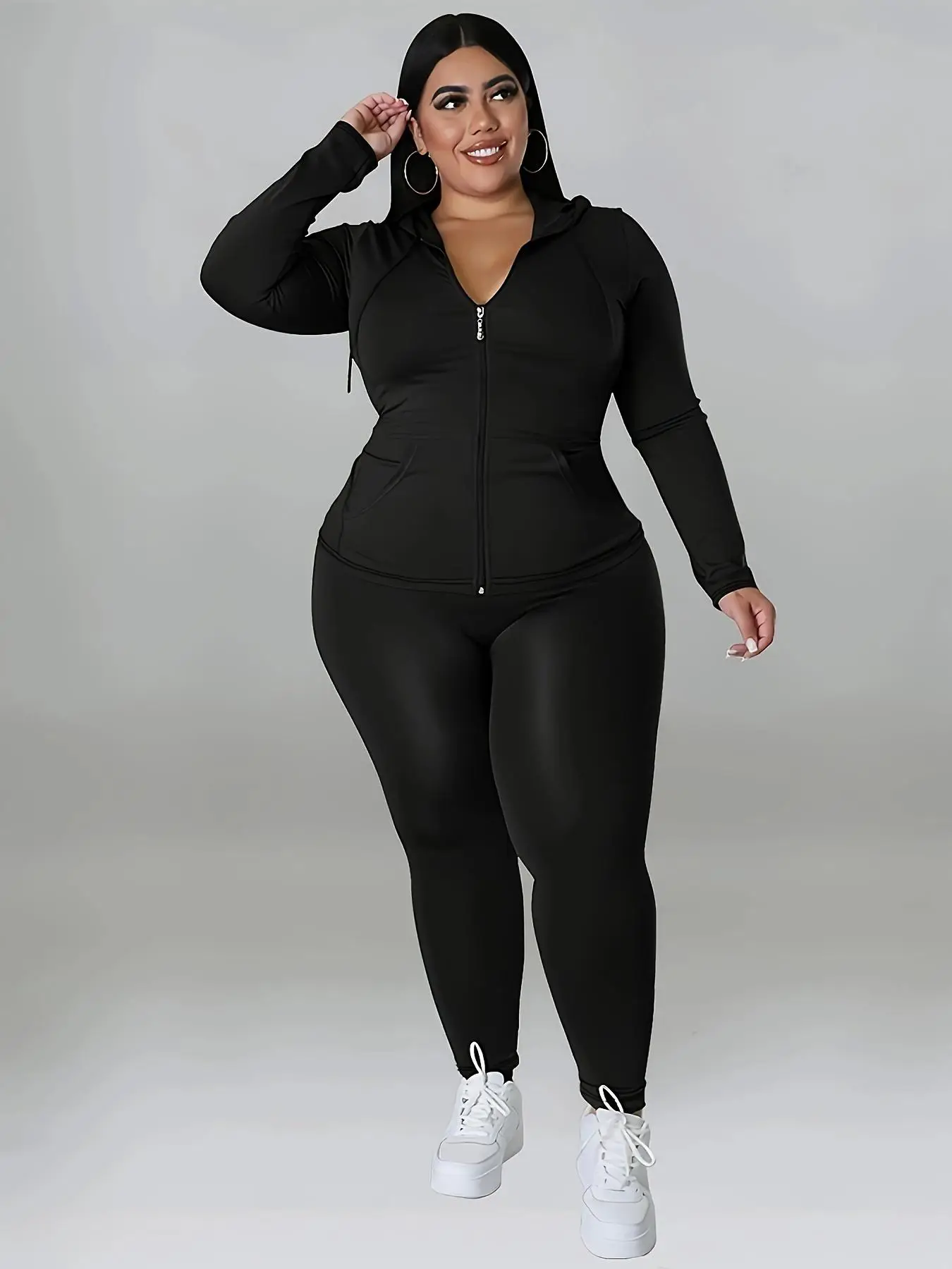 Plus Size Solid Zip Up Hooded Top & Skinny Pants Set, Casual Lightweight Long Sleeve Hooded Outerwear & Trousers for Women, Women's Christmas and New