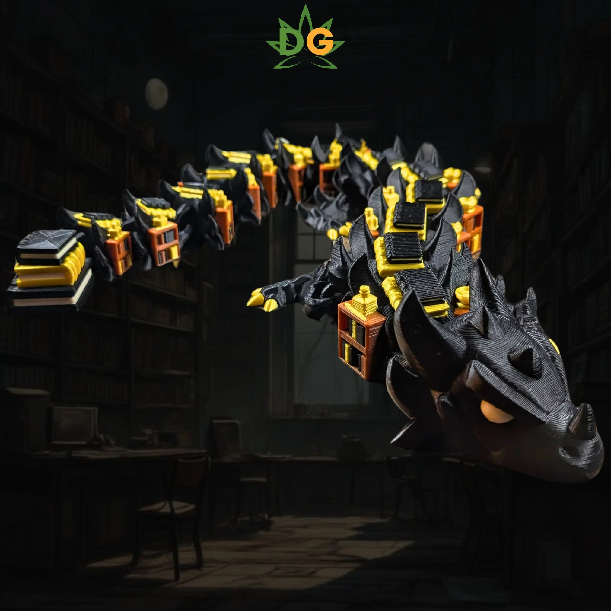 DG Articulated Book Dragon - 3D Printing Plastic Figurine, Flexible Fantasy Statue, Black/Gold Home Decor Shelf Decor Desk/Floor Ornament, Ideal Gift for Fantasy Enthusiasts