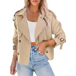 Tankaneo Women Crop Double Breasted Trench Coat Raglan Sleeve Work Office Cropped Jacket With Pockets
