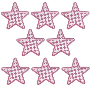 CY Iron On Patches 8PCS Pink Glitter Stars Embroidered Checkerboard Applique Cute Fashion DIY Accessories for Hats Clothing Bag Jacket