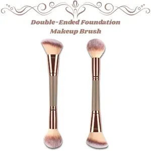 Dual Head Foundation Makeup Brush, Angled & Round Top for Liquid Powder Cream, Professional Blending Face Brush, Makeup Tool Brown Champagne Gold Handle, Mother’s Day Gift, Birthday Gift