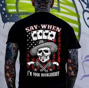 SAY WHEN I'M YOUR HUCKLEBERRY Cowboy Skull Print Men's T-Shirt