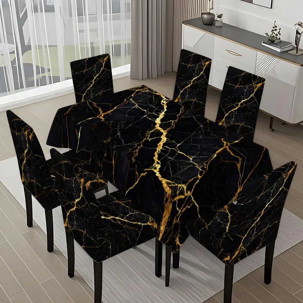 5/7-piece 2D Flat Printing Black and Gold Marble Texture Printing Pattern Tablecloth and Chair Covers Set, Chair Covers For Dining Chairs, for dining table and dining chair slipcover decoration, home, holiday gatherings
