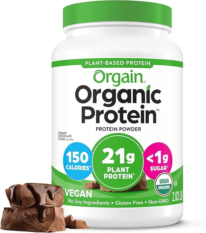 Orgain Organic Vegan Protein Powder, Creamy Chocolate Fudge - 21g Plant Protein, 6g Prebiotic Fiber, Low Net Carb, No Lactose Ingredients, No Added Sugar, Non-GMO, For Shakes & Smoothies, 2.03 lb