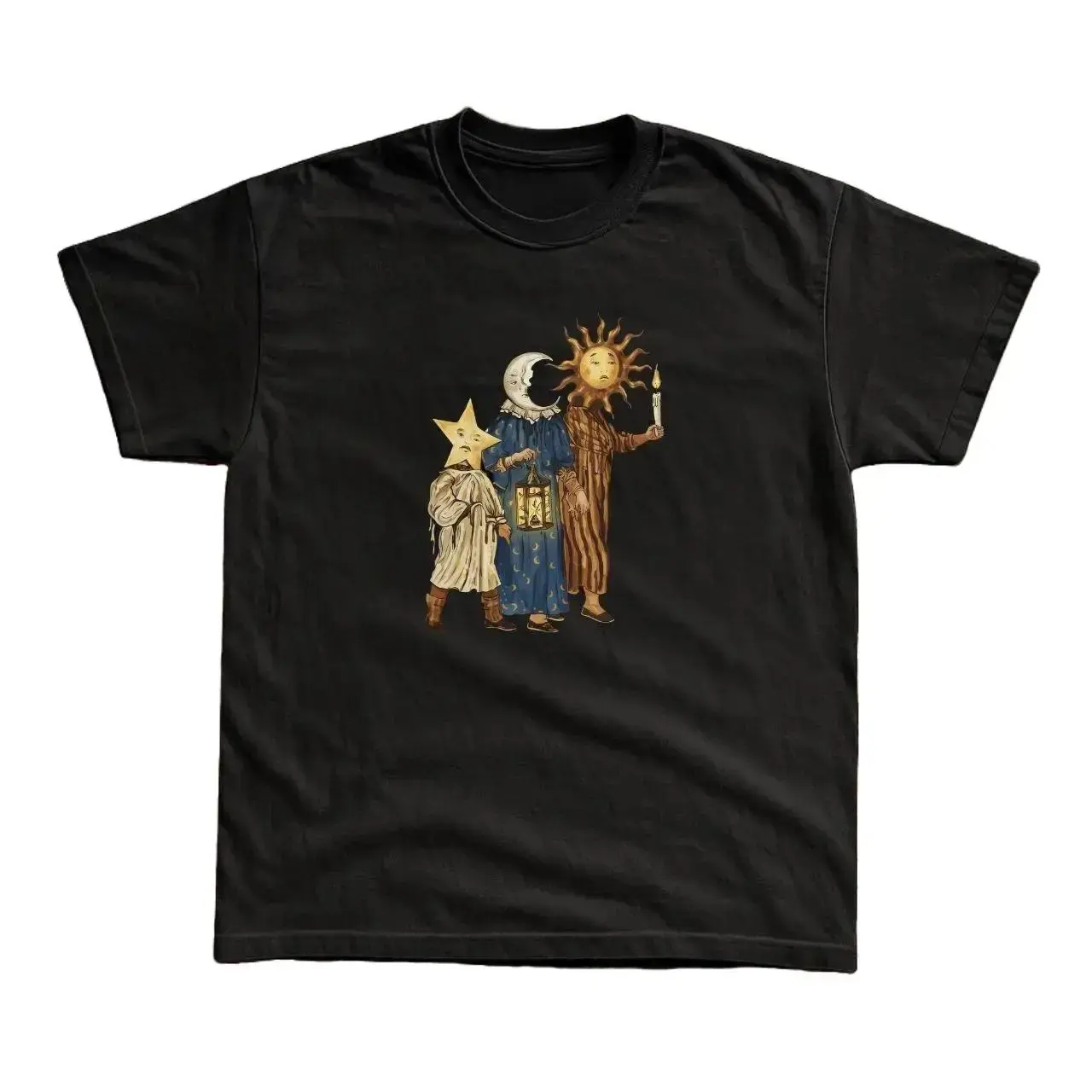 Women's Cosmic Style T-Shirt with Vintage Folk Art Moon and Star Graphic, Soft 100% Cotton Oversized Top for Casual Wear, Cosmic Style Women's T-Shirts, Moon And Star Women's T-Shirts