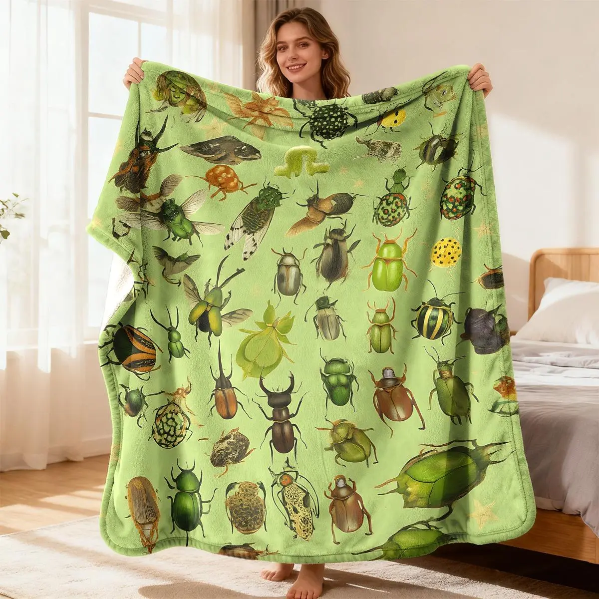 Colorful Insect Pattern Flannel Blanket Green Background with Various Beetles Bugs & Star Design Cozy All-Season Soft Throw for Sofa Decor