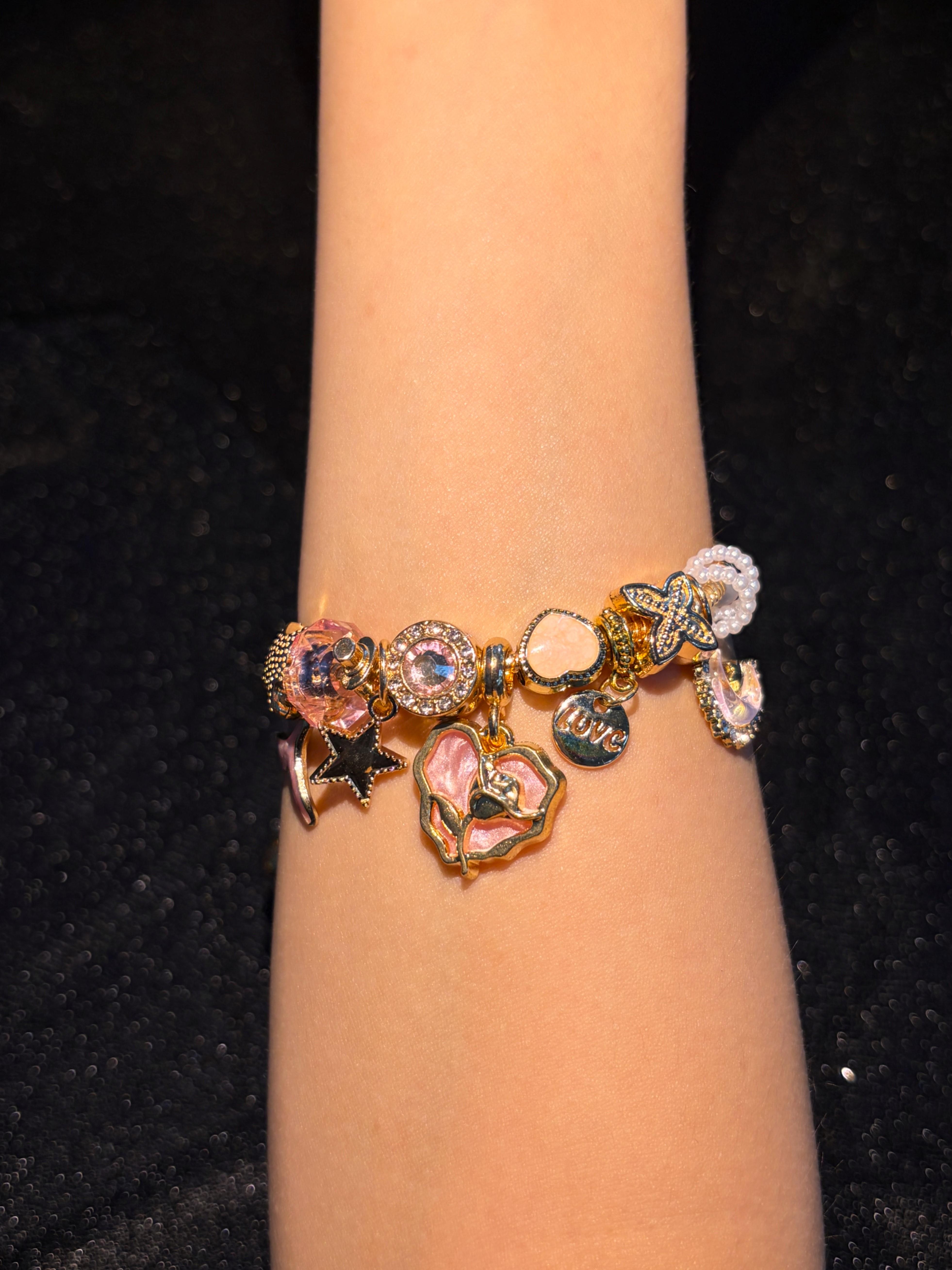 Women's Gold-Tone Multi-Charm Beaded Bracelet with Mermaid Tail, Crescent Moon, Heart, Shell, Starfish Pendants - Color Enamel Statement Summer Layered Costume Jewelry