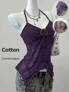 EZwear Purple Floral Print Mesh Women's Spaghetti Strap Top