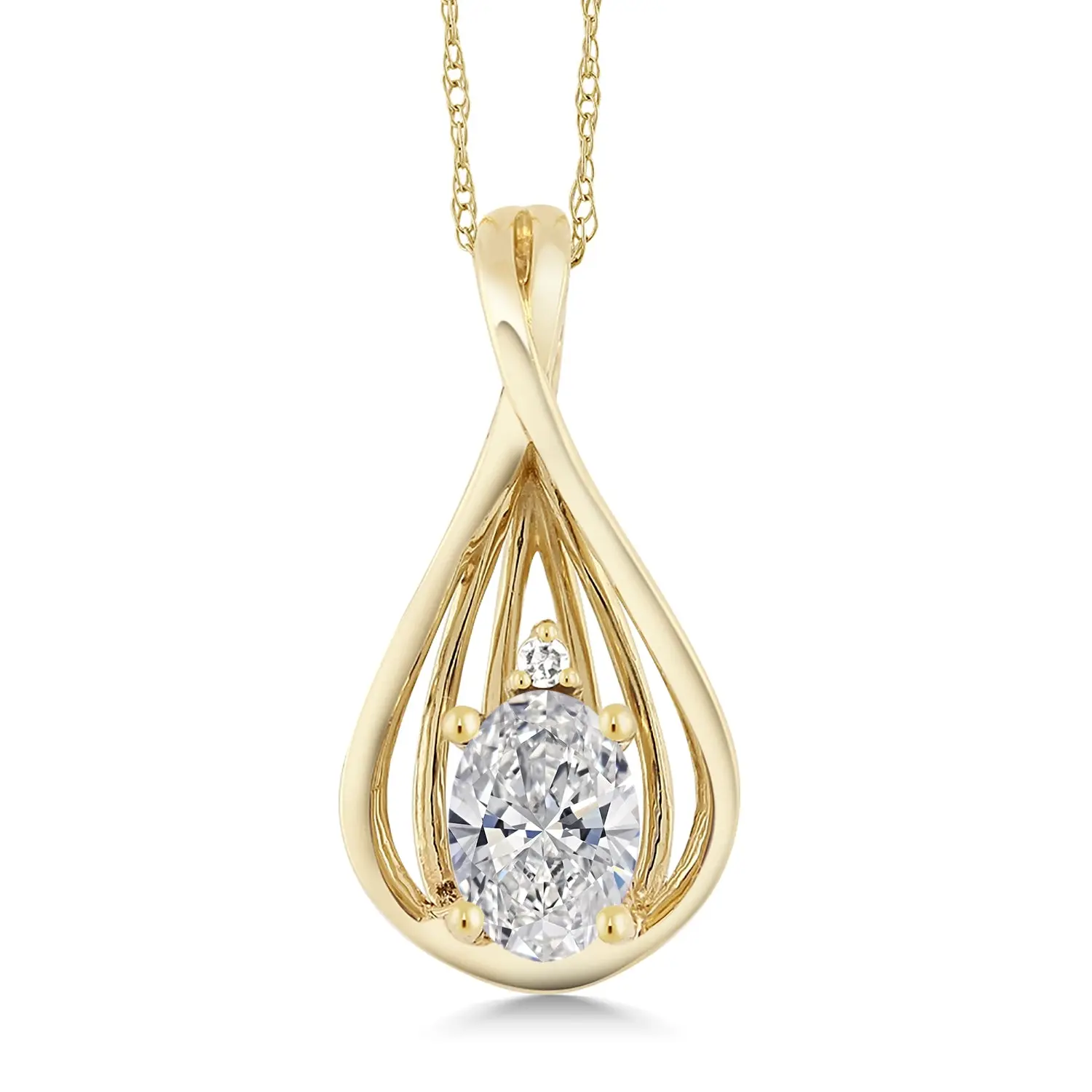 Teardrop Pendant Necklace For Women | 10K Yellow Gold | Gemstone Birthstone and White Diamond | Oval 6X4MM | With 18 Inch Gold Rope Chain