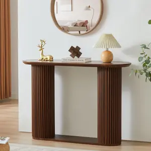 Fluted Console Table, Farmhouse Oval Curved Entryway Table with Storage and Fluted  , Narrow Small Long Entry Sofa Table for Entrance, Hallway, Living Room (Walnut)