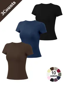 New Women Short Sleeve Sports T Shirt Gym Outdoor Running Soft Comfortable Breathable Solid Color Crew Neck Training Wear High Elastic Slim Fit Pilates Yoga Wear Beach Casual Top Daily Versatile Sports Short Sleeve