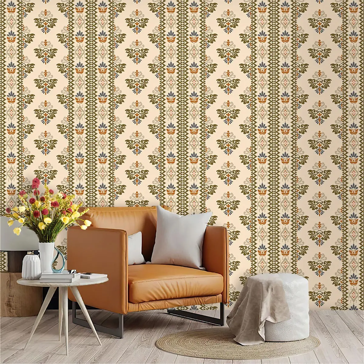Vintage Ethnic Vertical Stripes Wallpaper, PVC Adhesive Backing, Easy Peel & Stick, Ideal for Kitchen/living Room/bedroom Decor