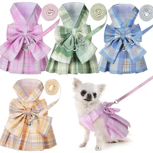 4 Pcs Cute Plaid Dog Dress Set with Bow Tie Harness & Leash for Small Dogs, Puppy Clothes for Girls Summer Outfits(S,Light Color)