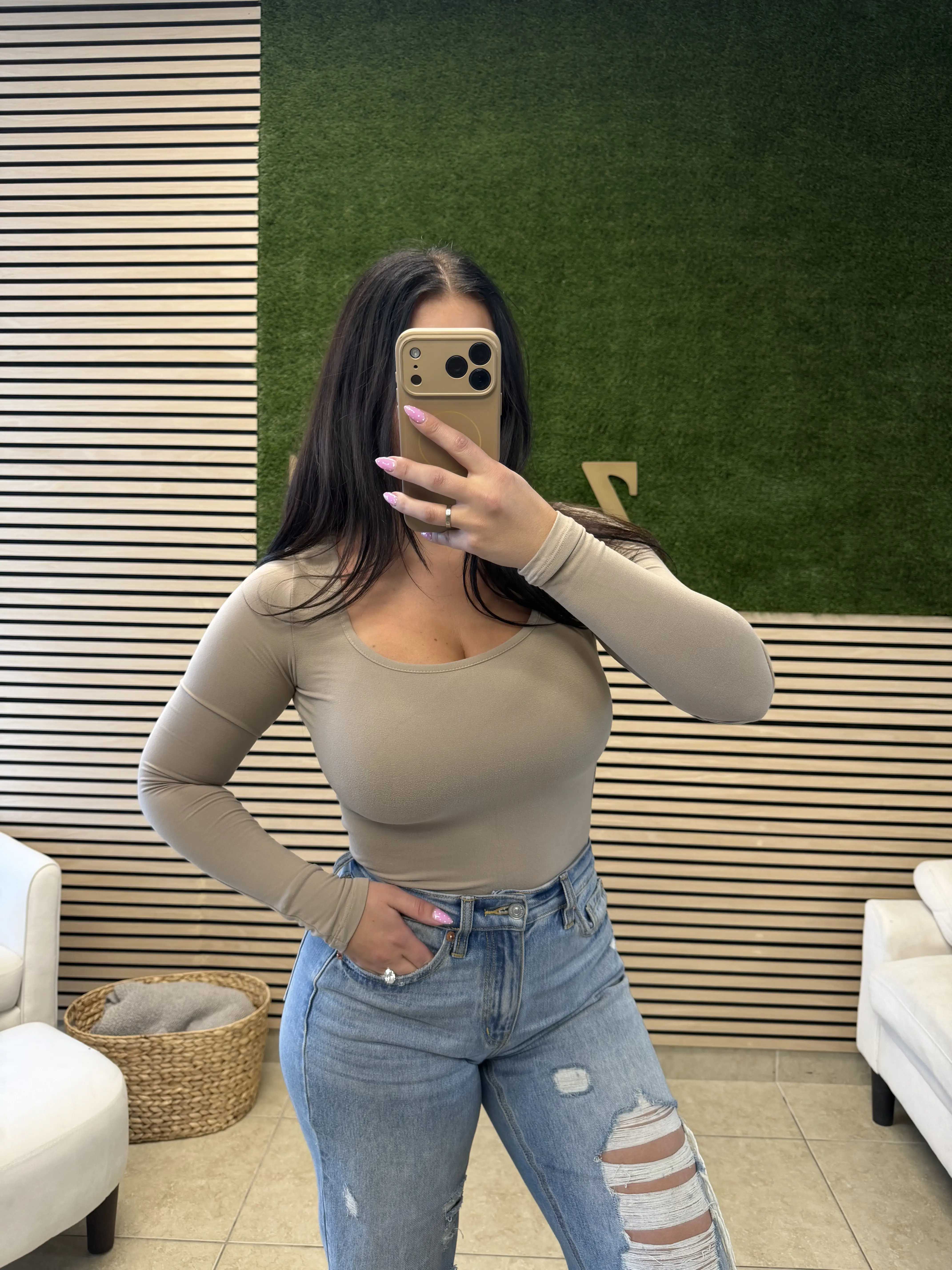 Buttery Soft & Smoothing Square Neck Long Sleeve Shirt: Nude