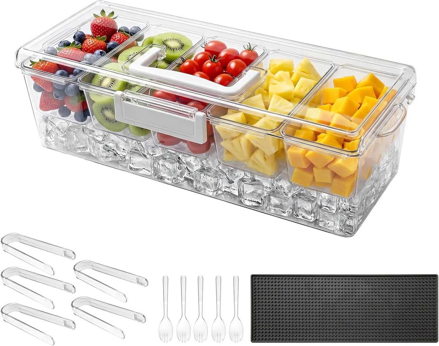 5-Compartment Ice-Chill Plastic Condiment Server Caddy with Lid, Rectangular Multiple-Pieces Garnish Tray Platter for Taco Salad Bar, Party Home Supplies