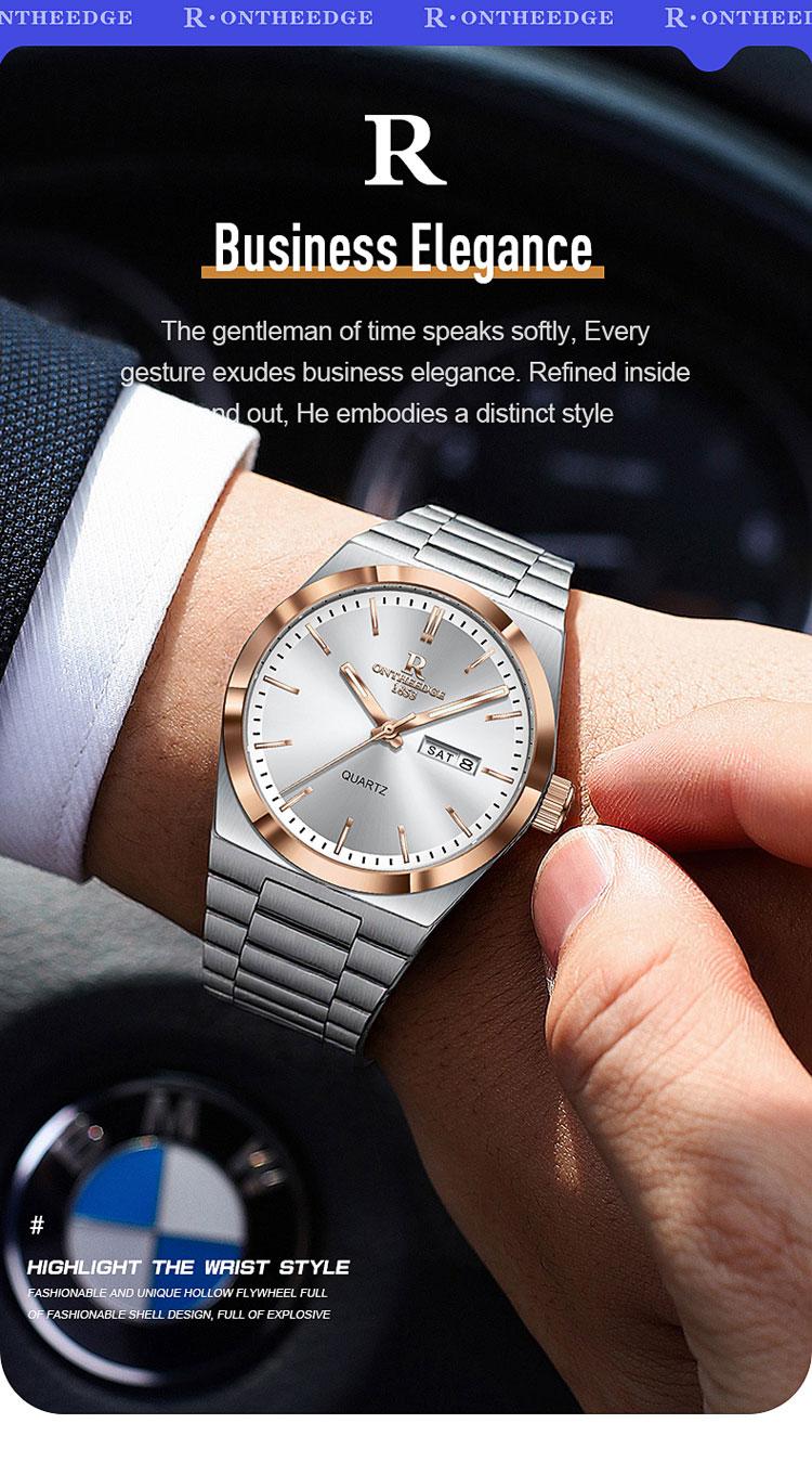Men's Luxury Two-Tone Rose Gold & Silver Quartz Watch - Stainless Steel Wristwatch with Day Date Display, Luminous Hands, Classic Business Dress Watch, Perfect Gift for Him