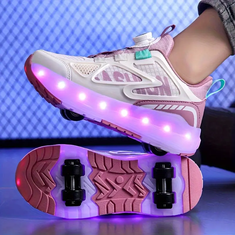 Girls' Multifunctional Roller Skates - Kids' 2-in-1 Rechargeable LED Flashing Lights Sneakers with Detachable Wear-Resistant PU Wheels, PU Leather, Switch On/Off Feature