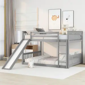 Full Over Full Bunk Bed with Slide & Ladder, Safety Guardrail, Sturdy, Space-Saving, Noise-Free, Easy Assembly, Grey