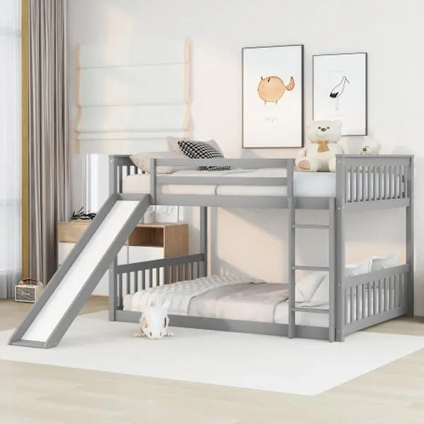 Full Over Full Bunk Bed with Slide & Ladder, Safety Guardrail, Sturdy, Space-Saving, Noise-Free, Easy Assembly, Grey