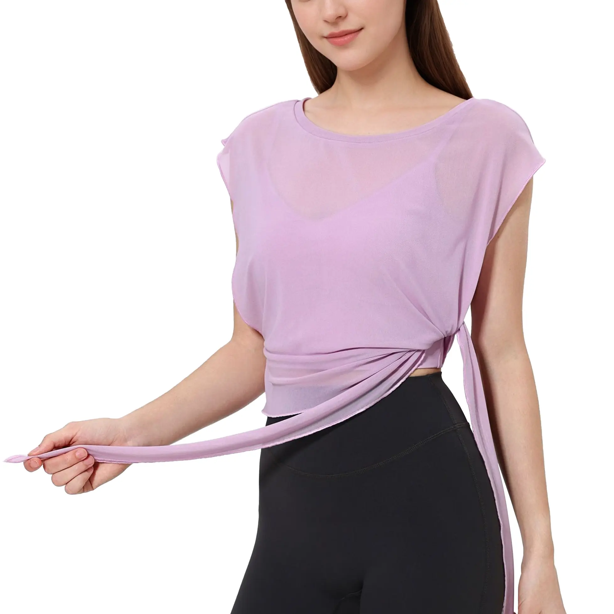 Songling Women's Activewear Crop Top, Loose-fitting Sheer Mesh Tie-Front Tank with Built-in Bra Pads, Quick Dry for Yoga & Running, Female, Machine Washable, Sleeveless