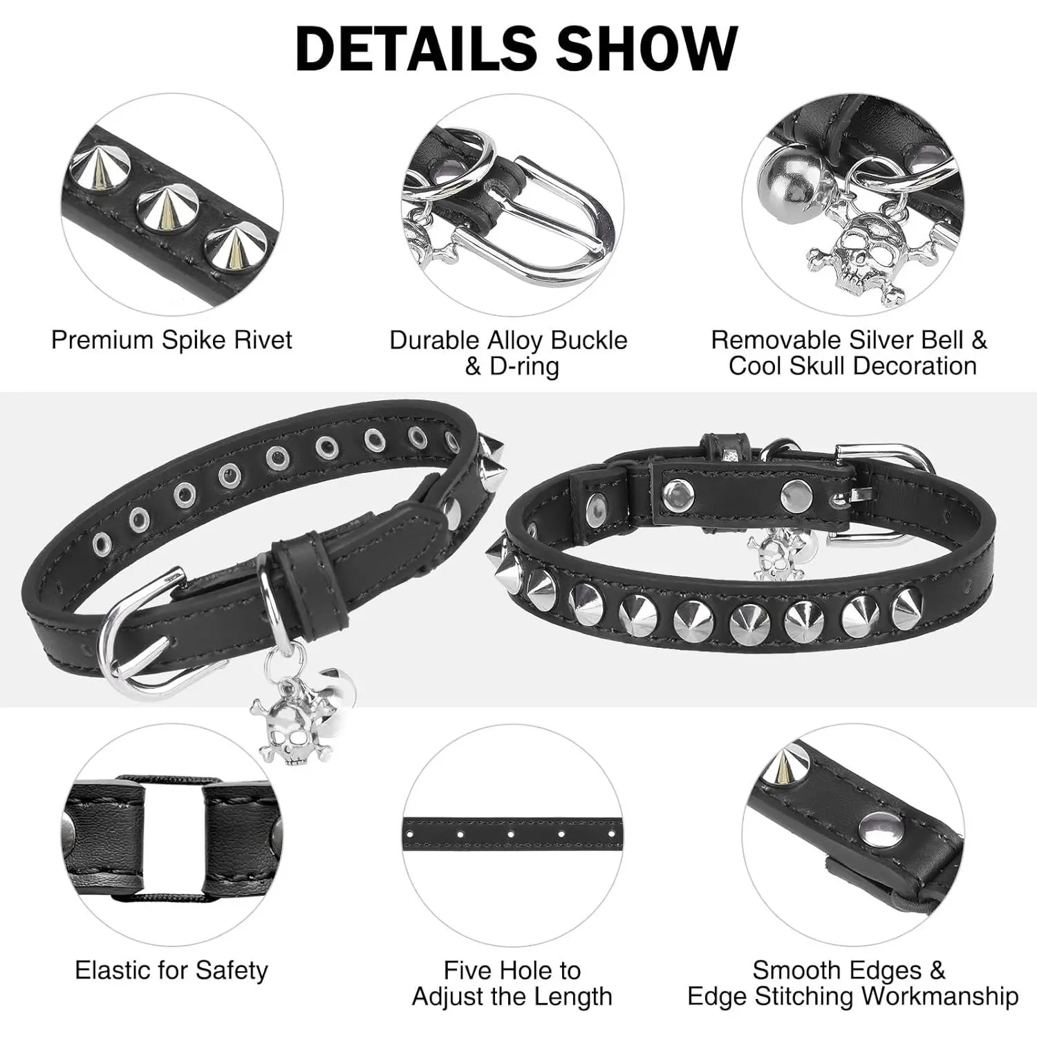 Leather Cat Collars for Boy Girl Cats with Bell and Safety Elastic Belt, Personalized Rivets Stud Adjustable Safe Buckle Collar with Skull Charm for Kitty Small Pets, Black 7"-9" Leather Cat Collars for Boy Girl Cats with Bell and Safety Elastic Belt, Personalized Rivets Stud Adjustable Safe Buckle Collar with Skull Charm for Kitty Small Pets, Black 7"-9"