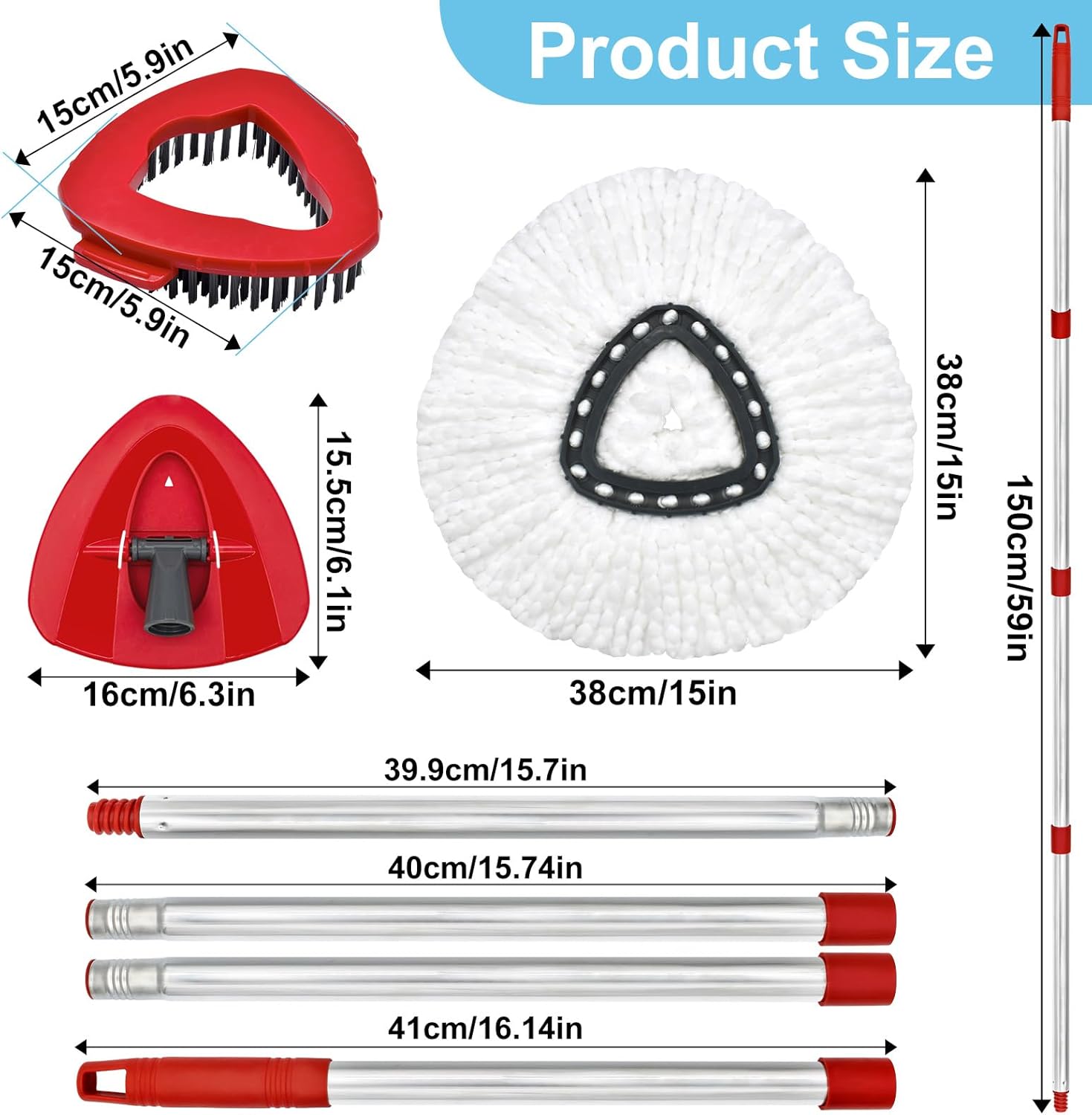 Spin Mop Replace Head Base, Handle Compatible with O Cedar EasyWring Microfiber Spin Mop, 2 Mop Refills Replacement Heads, 30-58" Mop Handle and 1 Mop Base Combo Set (White, 1-Tank System)