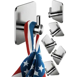 Menz 6-Pack Adhesive Towel Hooks for Bathrooms, Stainless Steel - Durable Self-Adhesive Robe Rack, Adhesive Wall Hooks, Sticky Towel Holder, Waterproof, No Drill