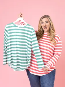 Striped  Curve Hem Long Sleeve Top by DD Design | S-3XL *Final Sale*