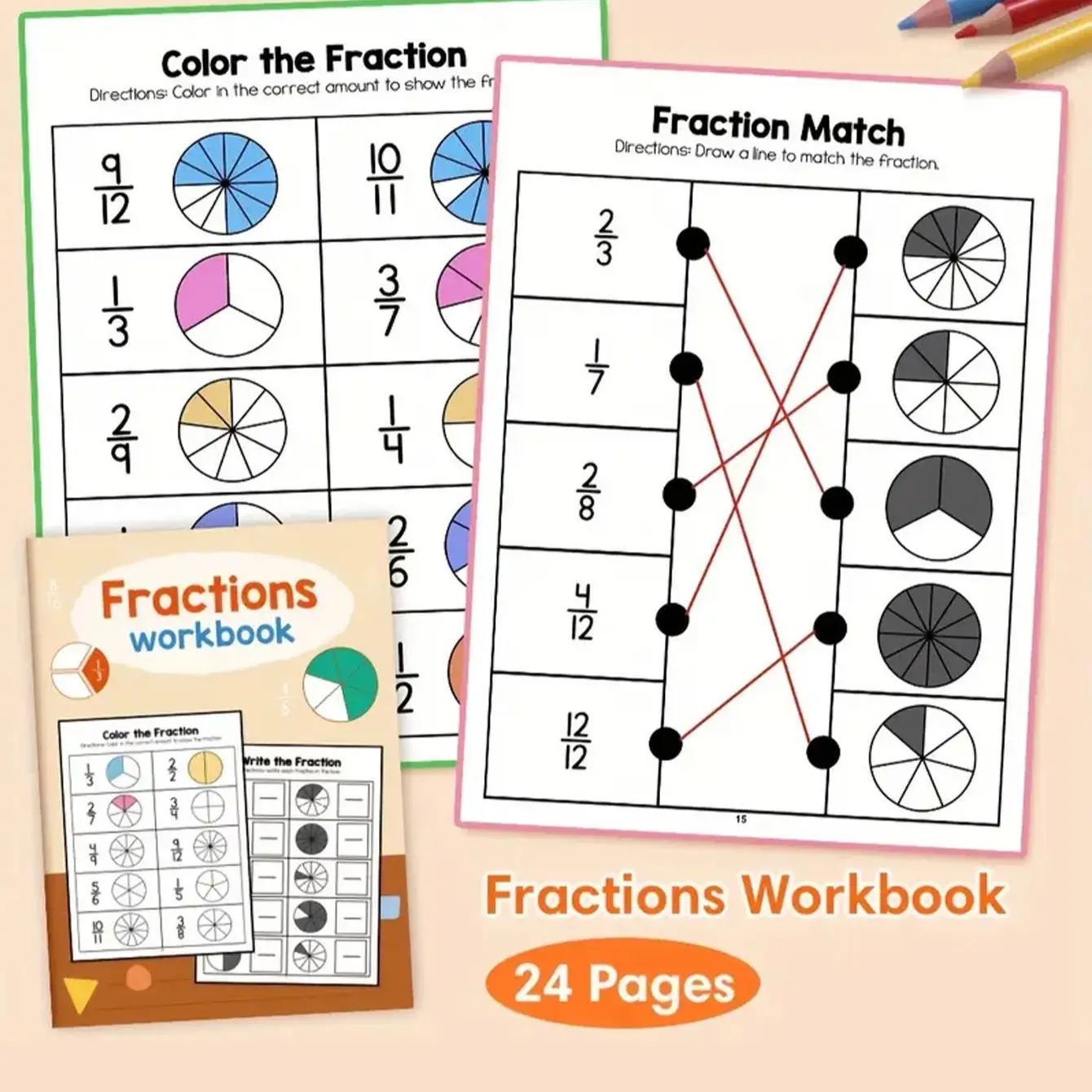 Fraction Practice Book, Colorful Math Workbook with Fun Simple Learning Activities, English Language, Paper Material, Includes Answer Key, Visual Learning Tools