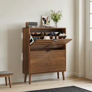 Modern Farmhouse Shoe Cabinet with 2 Flip-down Drawers - Walnut Finish Entryway Storage for Hallway & Porch