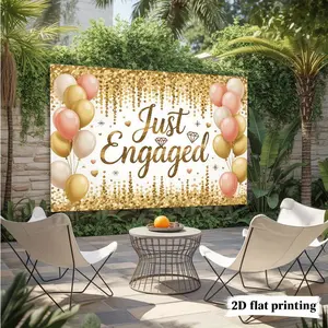 1PC Durable Polyester 2D Flat Just Engaged Backdrop - Gold Sequins, Pink White Balloons, Diamond-Designed Cloth, Decorative Banner, Indoor Backdrops, Party Decoration Supplies for Birthday