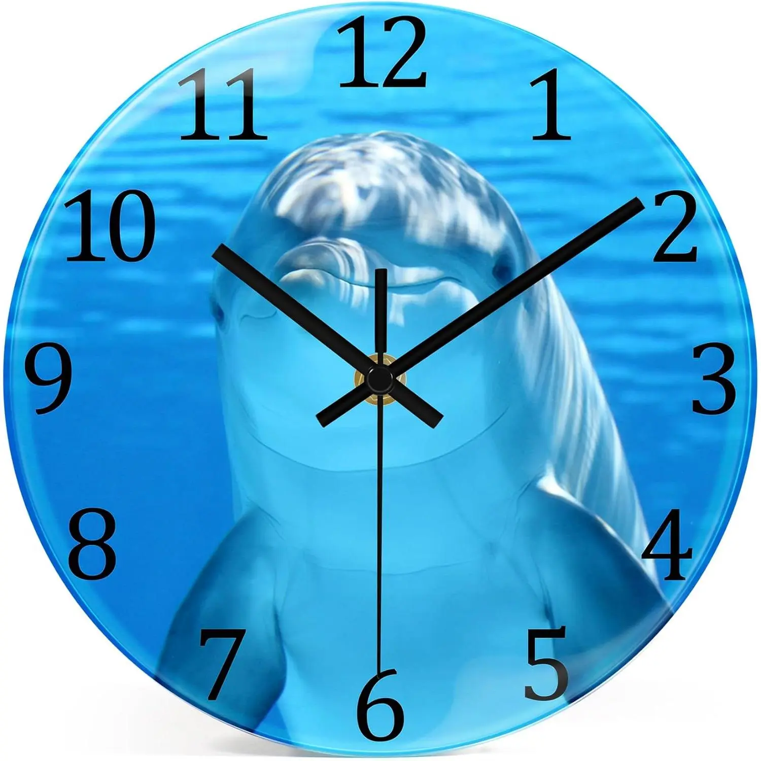 Coastal Nautical Glass Wall Clock Decorative Blue  Dolphin Sea Beach Bathroom 8 Inch Clock  Operated Small Silent Analog Clock for Home Kitchen Office,Bedroom,Living Room