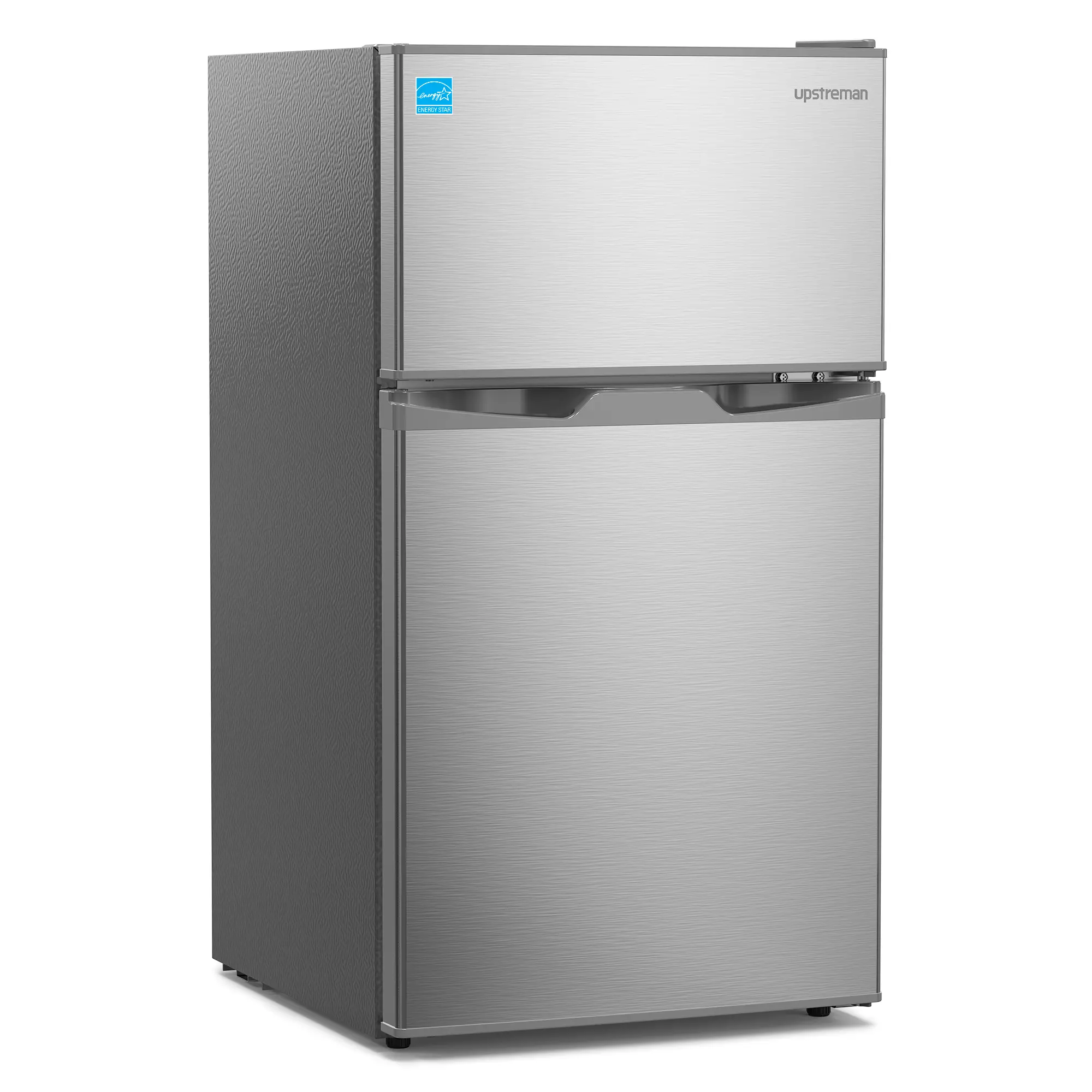 Upstreman 3.1 Cu.Ft Double Door Top Freezer Refrigerator - Stainless Steel Mini Fridge, Adjustable Thermostat, Quiet Efficient, LED Light, Removable Shelves, Crisper Drawer, 1 Cu.Ft Freezer, 110v-120v Energy Saver, for Dorm, Office
