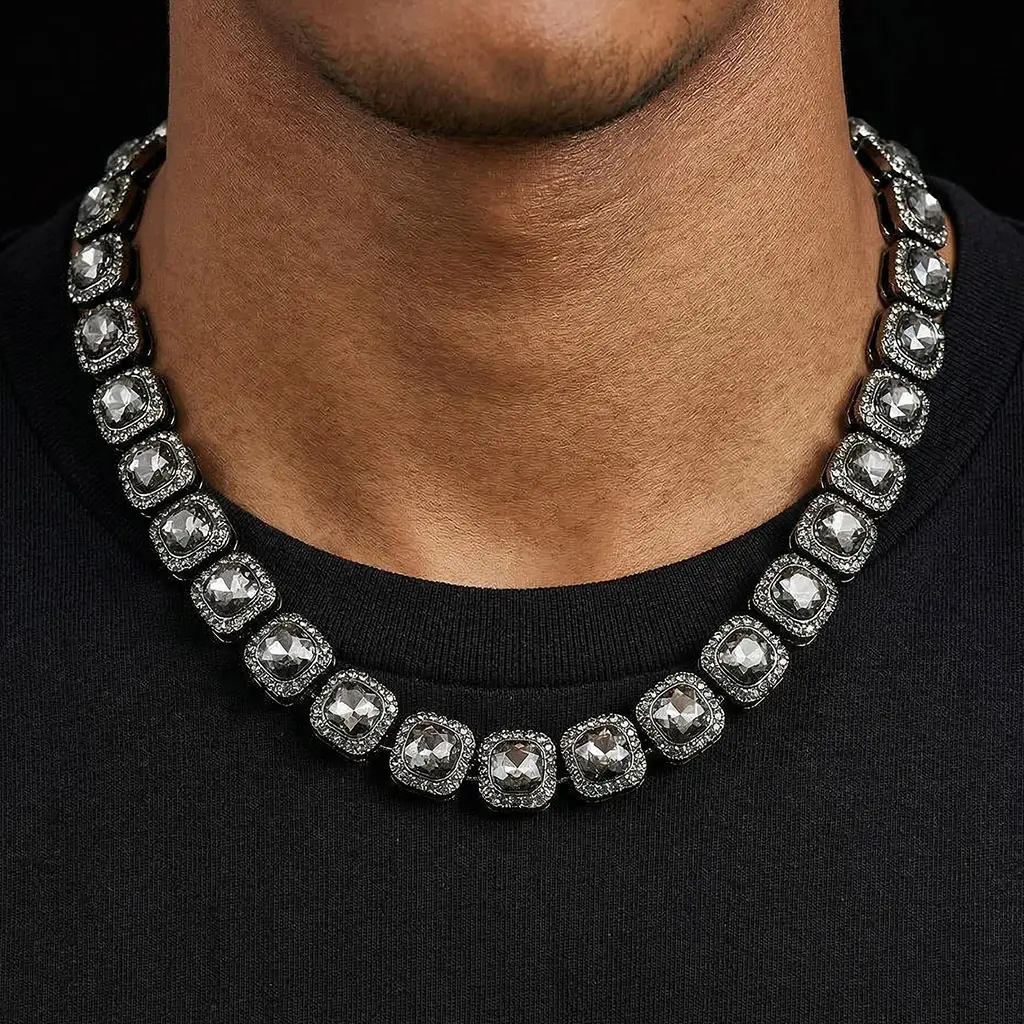 HELLOICE Black 12mm Clustered Tennis Chain 18K Gold Plated 5A CZ Chain