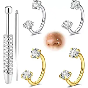 20G 0.8mm 8mm Horseshoe Nose Hoop Internally Threaded Gems Nose Ring with Free Ball Holder for Piercing
