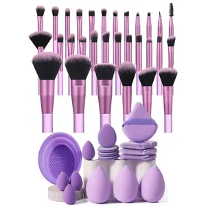 46PCS Cosmetic Makeup Brush Set, Including 30 Brushes, 7 Sponges, 1 Cleaning Tool & 8 Puffs for Flawless Foundation, Powder Application