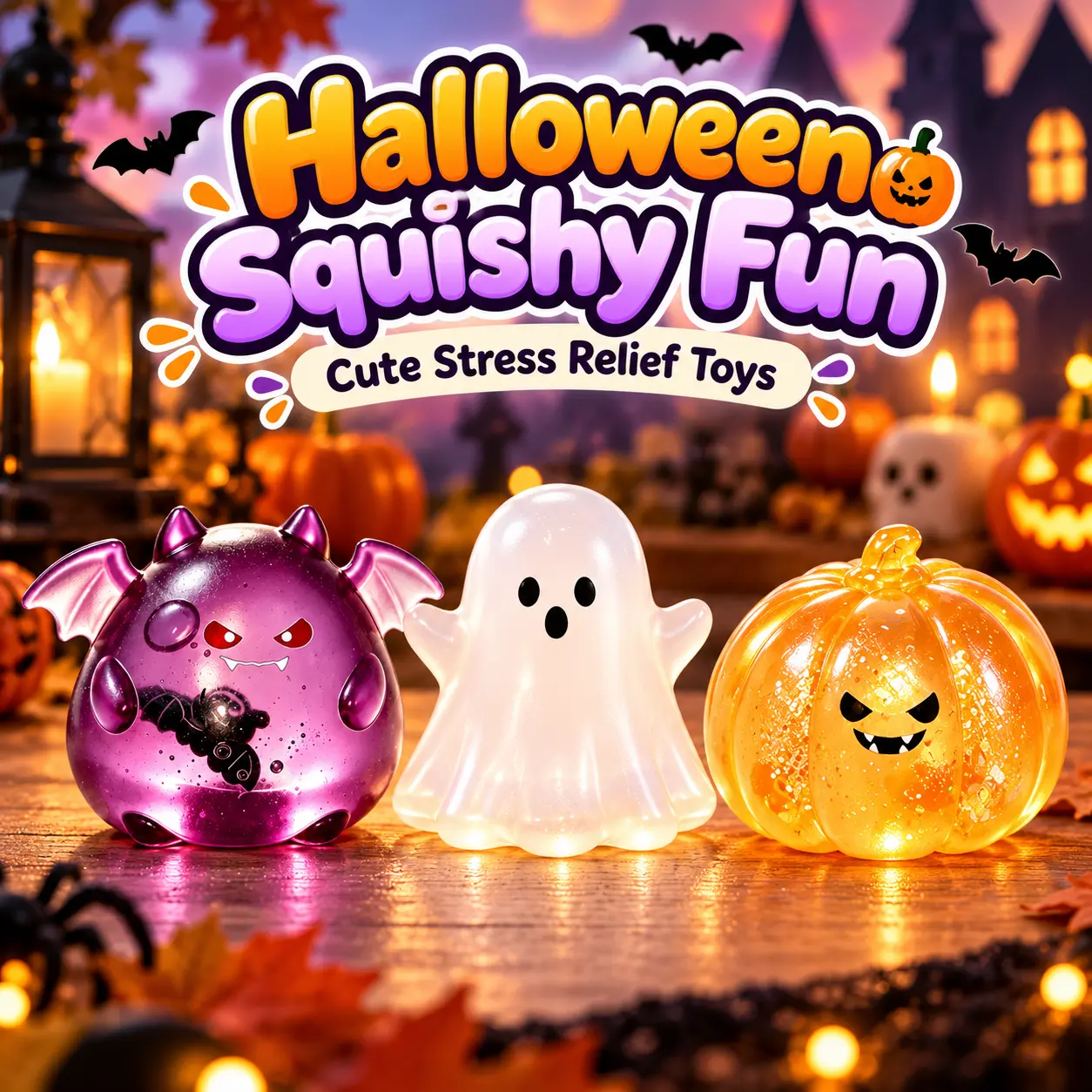 Halloween Glittery Squishy Toys - Bat, Ghost & Pumpkin Stress Relief Sensory Toys, Soft Stretchy Squeeze Fidget Toys for Party Bags & Halloween Gifts