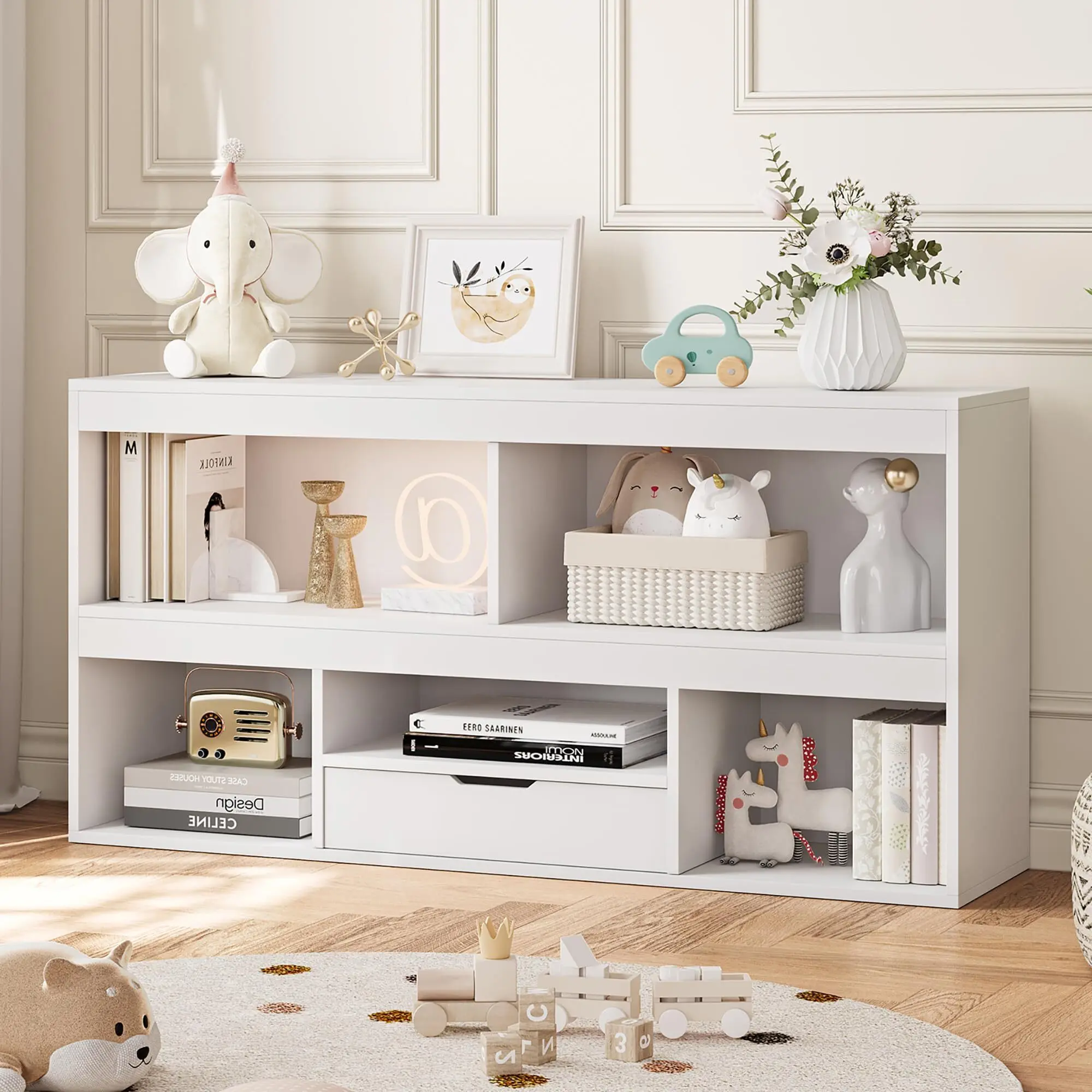 Kids Bookshelf with Drawer Wooden Toy Storage Organizer Nursery Bookcase Playhouse Storage Shelves White Book Shelf for Playroom, Classroom, Nursery, Kids Room
