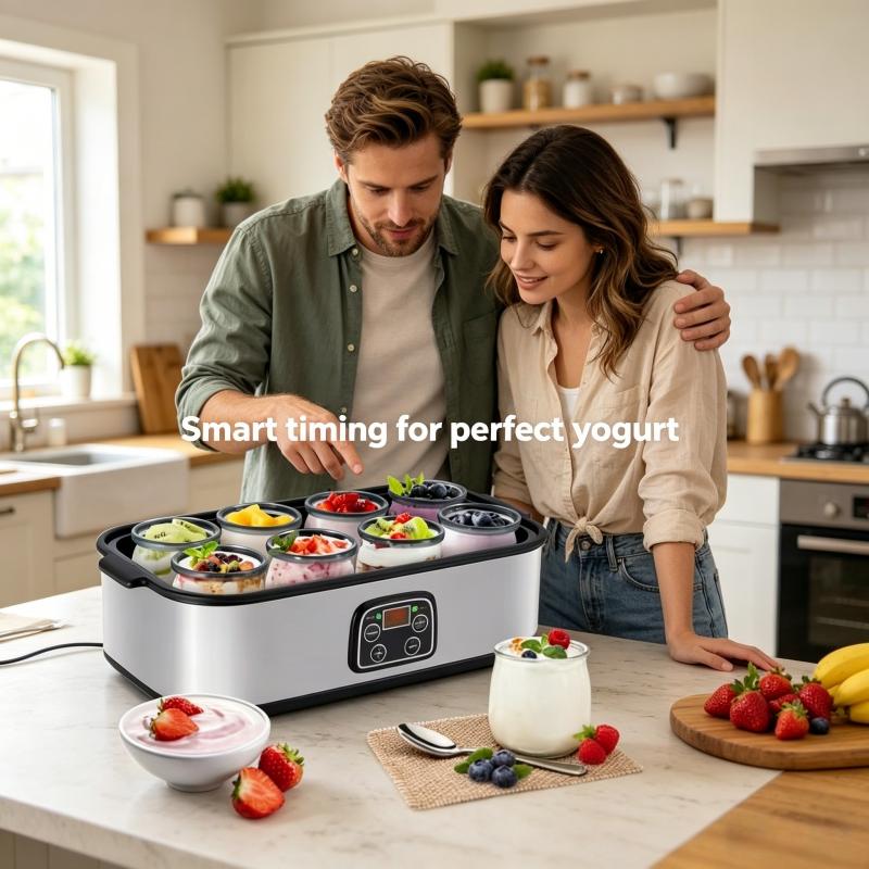 Fully automatic yogurt machine with adjustable temperature and 48 hour time control for fresh homemade yogurt desserts, 8 cans, LED display screen, multifunctional electric yogurt machine