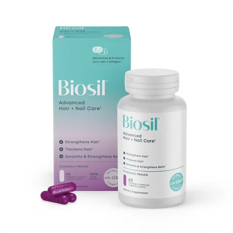 Biosil Advanced Hair and Nail Supplement with Patented ch-OSA Silicon and Biotin, Supports Stronger-Looking Hair and Nails, Vegan, Non-GMO, 60 Capsules, 30-Day Supply