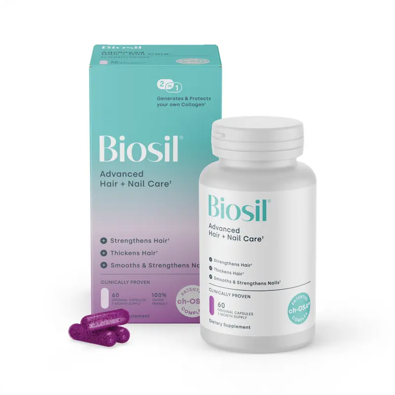 Biosil Advanced Hair and Nail Supplement with Patented ch-OSA Silicon and Biotin, Supports Stronger-Looking Hair and Nails, Vegan, Non-GMO, 60 Capsules, 30-Day Supply