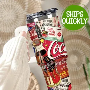 40oz Insulated Tumbler With Handle And Straw Lid - Double Wall Stainless Steel Travel Mug, Cupholder Friendly Reusable Water Bottle, Retro Pop Art 40oz Travel Tumbler,  Large Capacity Vacuum Insulated Mug With Grip Handle And Straw, Vintage Tumbler