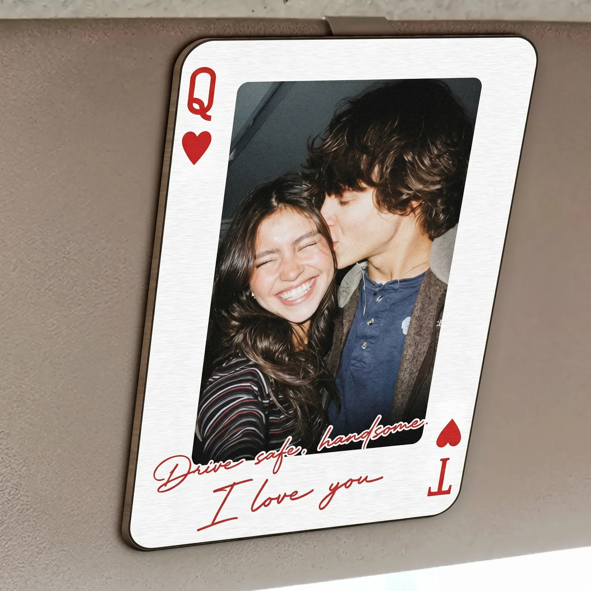 Drive Safe I Love You Wooden Car Visor Clip Custom Photo, Personalized Couple Picture Sun Visor Clip, Playing Card Photo Car Decor, Gift For Boyfriend, Couple Gift, Anniversary Gift