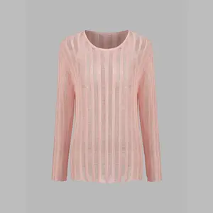 Cider [size 2-10] Knit Round Neckline Solid See-through Striped Long Sleeve Top