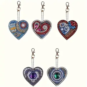 DIY Diamond Painting Trendy Cute Keychain Charm Set, Heart & Circle Shaped Design, Ideal Gift for Christmas, Valentines, Birthdays, 2.56x2.56 Inches