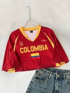 Comfortcana Women's Summer Short Sleeve V-Neck Colombia Top, Contrast Color Letter Print Casual Cropped Top, Raglan Sleeve Knit Sweater