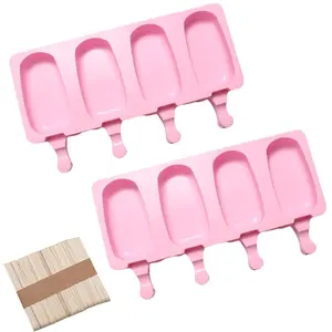 Ice Pop Molds Set of 2, Silicone Popsicle Molds 4 Cavities Ice Cream Mold Oval Cake Pop Mold with 50 Wooden Sticks for DIY Popsicle (Pink)