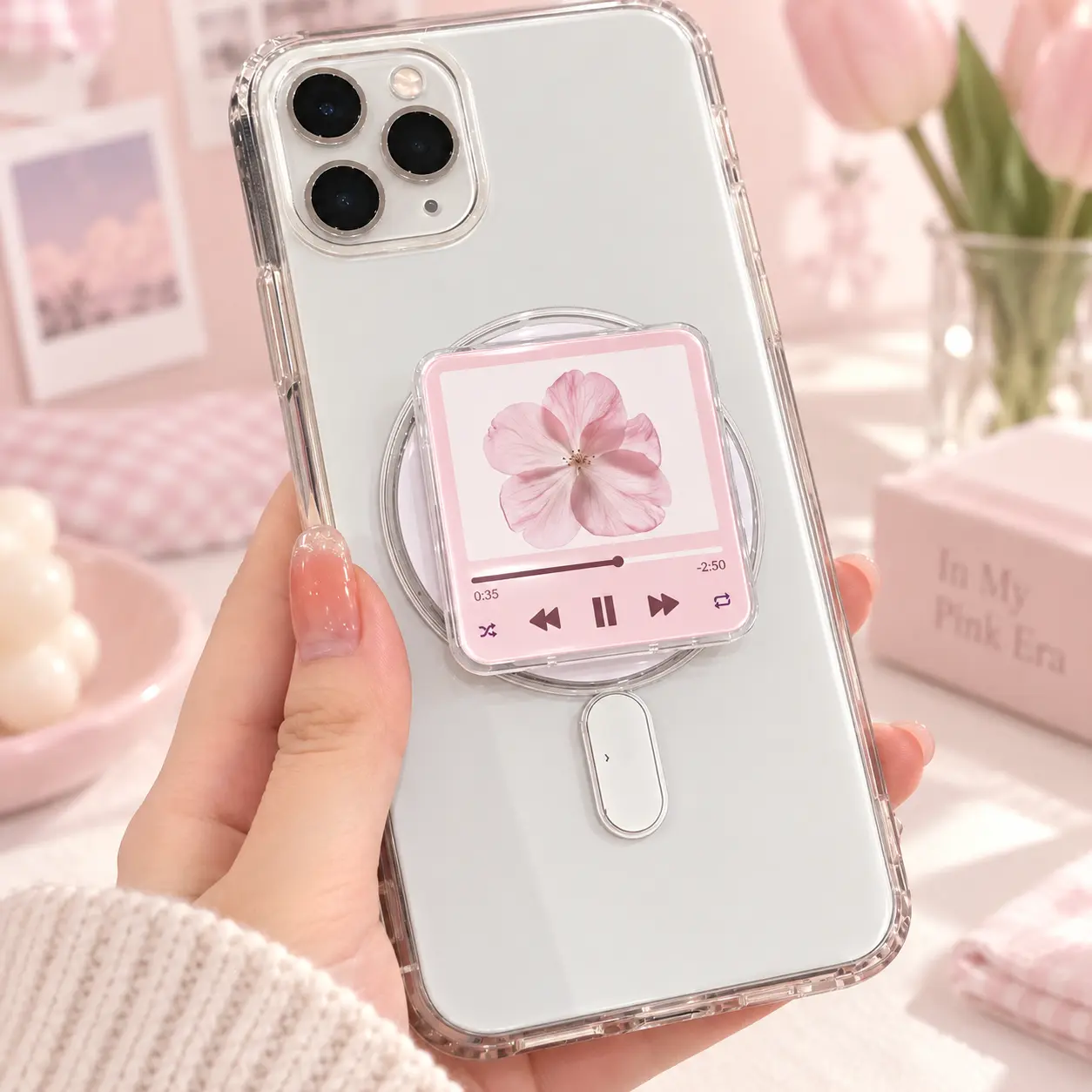 Pink Floral Music Player Magnetic Phone Grip – Coquette Flower Acrylic Phone Stand, Blush Pink Music Screen Grip Holder, Cute Girly Phone Accessory Gift