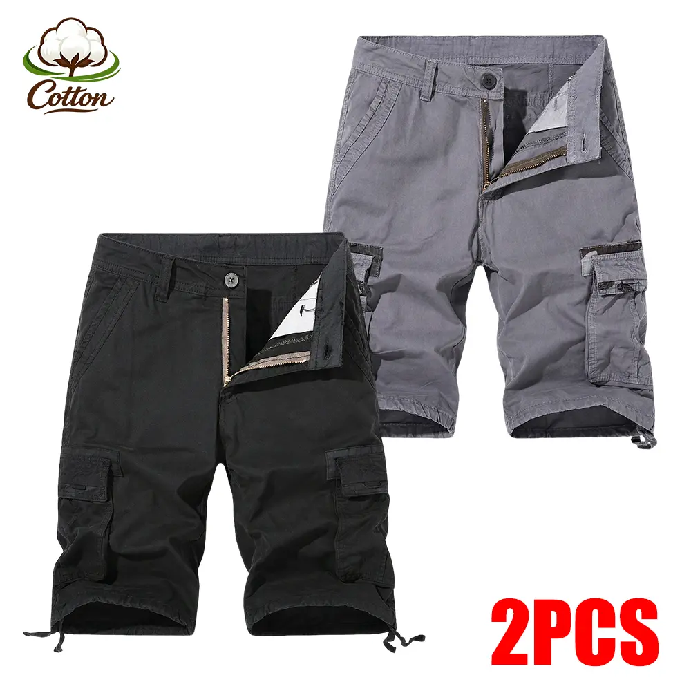 2-PCS Men's Cotton Cargo Shorts with Multi Pockets, Drawstring Hem Utility Shorts for Outdoor Work Hiking, Classic Summer Casual Shorts for Daily Wear